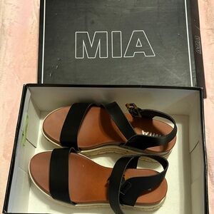 MIA Black Strappy Sandals with Brown Footbed